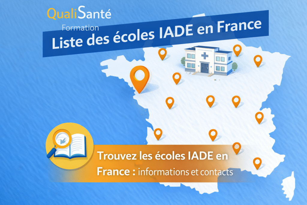 Liste des écoles IADE en France : visuel QualiSanté Formation avec une carte de France et des repères de localisation indiquant les établissements.